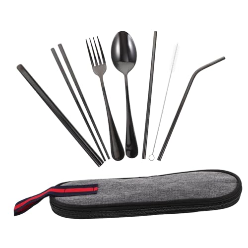 BCOATH Stainless Steel Straw Set 7-Piece Travel Utensils Fork Spoon Chopsticks Portable Camping Tableware Outdoor Silverware Set Organizer Bag Random Style