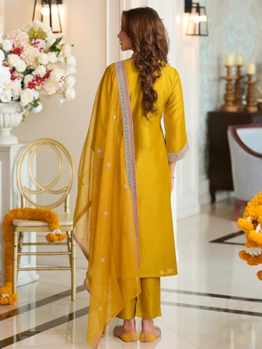 Image of INDO ERA Women's Silk Blend Ethnic Motifs Embroidered A-Line Kurta & Pant with Dupatta Set (IEOUT12371)