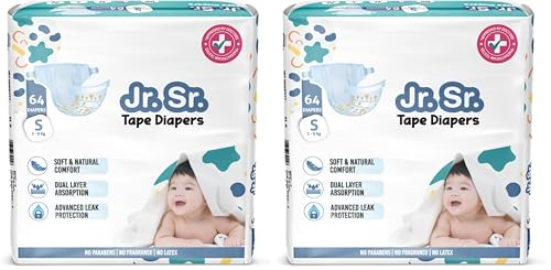 Image of Jr. Sr. Baby Tape Style Diaper | Adjustable Fit for Babies | Small (S) Size (3-8 kg), 64 Count | Pack of 2 | Upto 12 hr Absorption with Advanced Leak Protection | Soft & Comfy