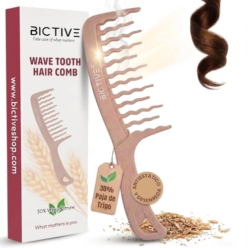 BICTIVE® Peine de Púas Anchas Onduladas para Pelo Rizo, Ondulado, Largo y Grueso. Desenredante, Definidor de Rizos, Peine Pelo Rizo, Antitirones, Método Curly. Con Dientes Anchos que Reducen Nudos.