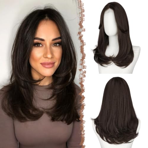 FESHFEN Lace Front Hairline Wigs with Bangs, Synthetic Natural Looking Long Layered Straight Hair Wig for Women Daily Party Costume, 18 inch Brown