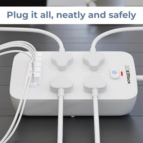 Image of Embox Extension Board with USB Type C | Extension Board with Switches 6A Spike Guard 4 Universal Sockets 2500W Extension Cord | Safety Shutter LED Indicator, 2meter