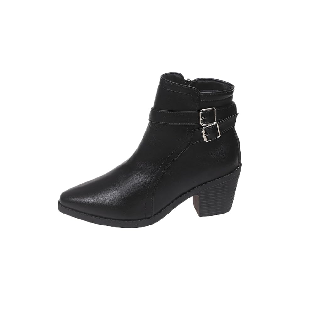 MGGMOKAY Womens Chunky Heel Ankle Boots Pointed Toe Western Booties Shoes For Women With Zipper Fashion Buckle Strap