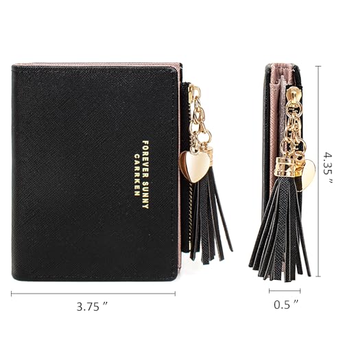 Image of KOTORA Womens Small Wallet Girls Tiny Slim Wallets Pretty Mini Card Holder Thin Short Zip Coin Purse with Love Pendant and Tassels (Black)