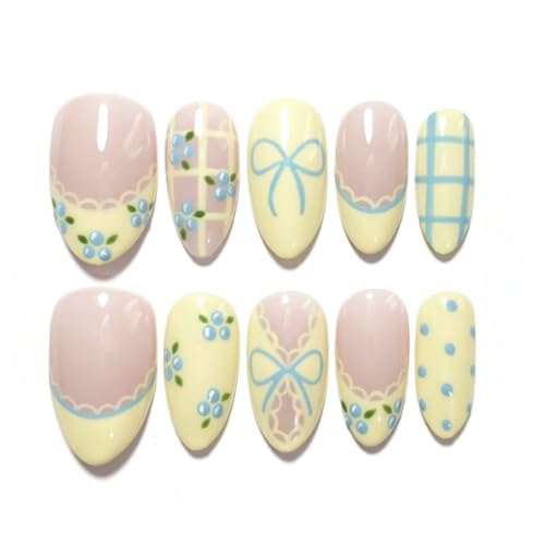 Butter Yellow Press on Nails Short Almond Fake Nails Summer Nails Press ons with Polka Dots Plaid Blueberry Design Reusable & Easy Apply Full Cover Stick on Nails for Women Beach Manicure 24Pcs