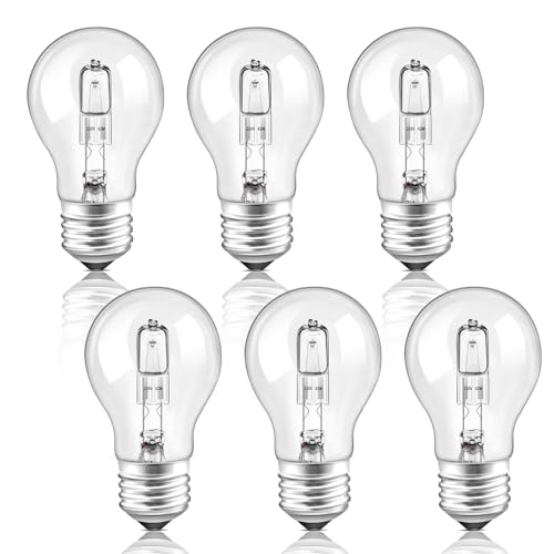 E27 42W Halogen Light Bulb, Dimmable, Globe A55 E27 Edison Screw Light Bulb, Warm White 2700K, 650LM, Classic Clear, Halogen GLS Clear Light Bulb for Chandelier, Ceiling Lamp, Wall Lamp, Pack of 6