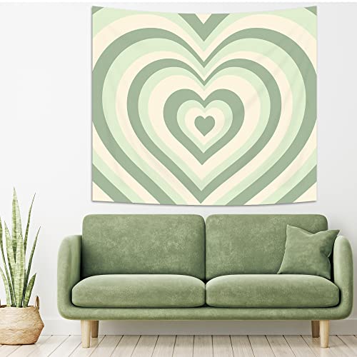 Lightinhome Sage Green Heart Tapestry 59Wx51H Inch Cute Abstract Heart Girl Hippie Danish Pastel Y2K 2000S Aesthetic Wall Hanging Decor Art Fabric Tapestry Preppy Dorm Decor Bedroom Living Room Decor #TOP1