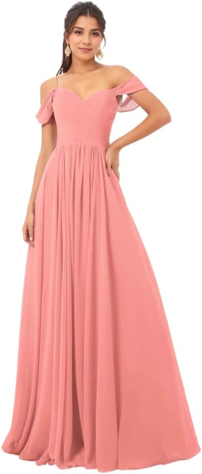 Women A-Line Ruched Off-Shoulder Floor Length Chiffon Party Prom Formal Gown Bridesmaid Dresses