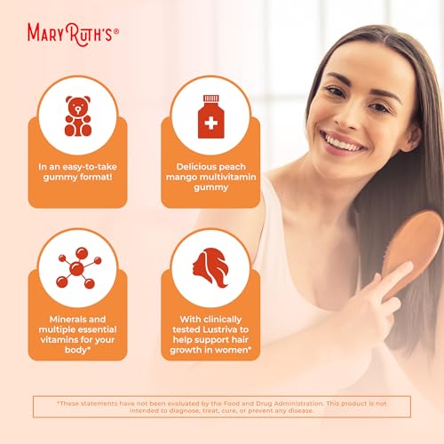 Image of MARYRUTH'S Multivitamin + Hair Growth Gummies | with Lustriva | Biotin 10000mcg | B Vitamins | Formulated for Thicker Hair, Wrinkles, Fine Lines, Skin Care | Ages 18+ | 30 Servings (Pack of 2)