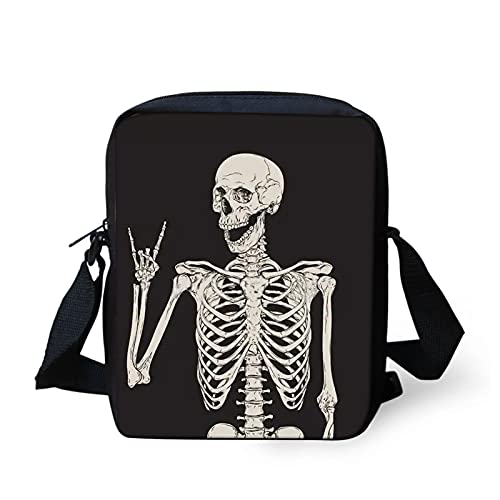 HUGS IDEA Halloween Bag Happy Skull Rock n Roll Skeleton Black Satchel Funny Print Mini Messenger Adjustable Starp Hand Bag for Women Men Travel Shopping