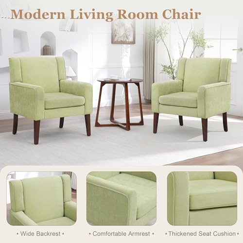 Image of Accent Chairs Set of 2, Mid-Century Reading Chair with Wood Legs, Upholstered Comfy Living Room Chair for Bedroom, Apartment, Waiting Room, Green