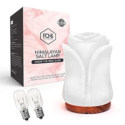 POHS Himalayan Salt lamp Flower Shape Rock Salt Lamp with Two Light Bulbs and UL-Listed Dimmer Switch Cord, Premium Quality Polished Wooden Base (White)