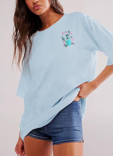 Image of Summer Oversized Flower Graphic Tees Y2k Coastal Beach Palm Surfboard Tops Baggy T-Shirts Teen Girls Preppy Clothes