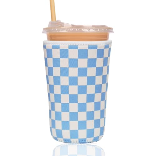 Image of Reusable Insulated Sleeve for Iced Coffee Cup, Coffee Neoprene Sleeve for Cold & Hot Drinks, Beverage Holder for Iced Coffee (Blue Grid, Large: 32oz)