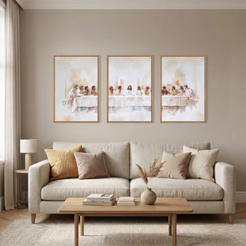 Image of KAIRNE Jesus Last Supper Framed Canvas Wall Art Set, Christian Twelve Apostle Wall Decor, Bible Renaissance wall Painting, Religious Picture Art Print for Living Room, Bedroom, Church-16 x24 x3