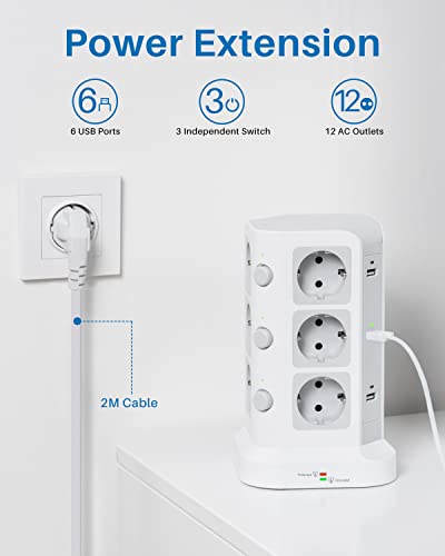 KOOSLA Tour multiprise parafoudre et surtension(4000W/16A), Multiprise Electrique avec 6 Ports USB et 12 Prises, multiprise avec et 3 Interrupteurs, 2M Cordon, Blanc – Image 3