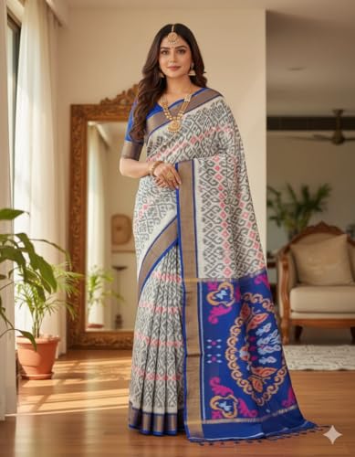 Image of AYYAPPASILK Women's Exclusive Ikkat Silk Saree for Designer Border with Contrast Blouse