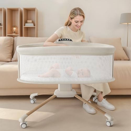 Image of TinyGlow Electric Smart Soothing Baby Bassinet with 5 Rocking Speeds, 3 Timer Modes, 12 Soothing Musics, 3 Adjustable Heights, Breathable Mesh Sides and Mosquito Net
