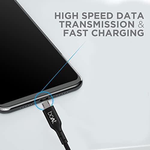 Image of boAt Micro USB 150 Tangle-free, Sturdy Micro USB Cable with 3A Fast Charging & 480mbps Data Transmission, 10000+ Bends Lifespan & Extended 1.5m Length Black)