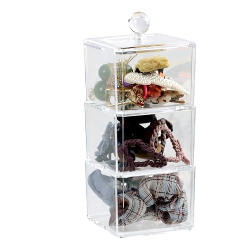 Clear Bathroom Dresser Organizer 3 Compartment with 1 Lid, Transparent Hair Accessories Organizer, Cotton Ball and Swab Holder, Small Plastic Storage Containers Vanity Makeup Organization (Clear Lid)