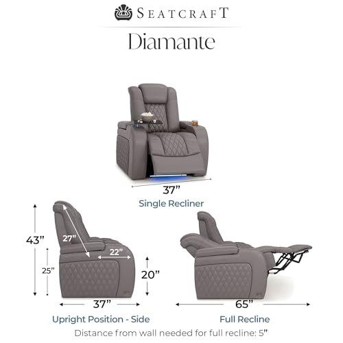 Image of Seatcraft Diamante Gray Italian Leather Home Theater Seating, Zero Gravity Power Recliner Gaming and Home Office Chair, Powered Headrest Lounge Sofa Furniture for Cinema Room, Single Recliner
