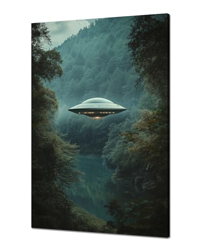 Cawpom UFO SciFi Scene Wall Art Extraterrestrial Artwork Wall Decor Picture Forest Scenery Canvas Print Painting Poster Frame Home Living Room Bedroom Decoration(24x16 inches)