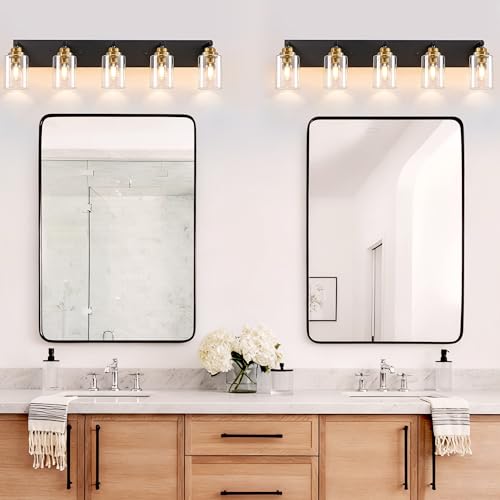 Image of 5-Light Black and Gold Bathroom Vanity Light, Clear Glass Shade | 35.4 inch Wall Mount Over Mirror Lighting Fixtures, Brushed Gold Finish, Durable Metal, Modern Farmhouse Style, for Bathroom