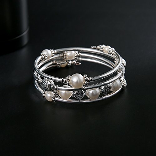 Beaded Pearl Bangle Wrap Bracelet - Fashion Bohemian Jewelry Multilayer Charm Bracelet With Thick Silver Metal Beads, Gift For Women And Girls (White) #TOP4