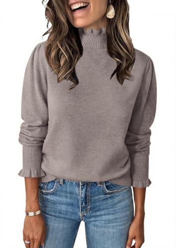 Image of Womens Ruffle Mock Neck Sweater Puff Long Sleeve Fall Trendy Pullover Tops | Fall Winter Clothes, Soft, Business Casual Outfits, Trendy Fashion, Knitted Shirts