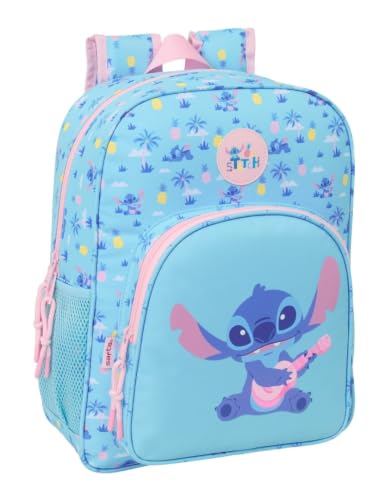 SAFTA | Mochila Escolar Junior Disney Stitch Waves Adaptable a Carro (Sin Carro), Ergonómica y Acolchada, Doble Cremallera, Bolsillo Frontal Grande y Laterales Portabotellas, Azul, Medidas 32x12x38 cm