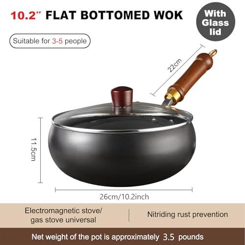 Image of Carbon Steel Wok Pan, 10.2 INCH Nonstick Pre-Seasoned Woks & Stir-Fry Pans with Lid, No Chemical Coating Wok Flat Bottom Small Handmade Chinese Wok for Induction, Gas, Electric & All Stoves