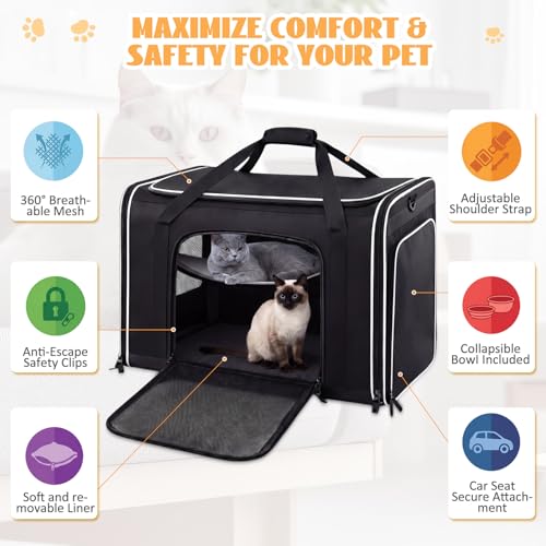 Image of Extra Large Cat Carrier with Built-in Litter Box for Car Travel & Road Trips, Expands to 36 inchx17 inchx17 inch, Soft-sided Foldable Travel Crate for 1-2 Large Cats, Multi-entry, Ventilated Mesh, Seat Belt Ready