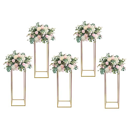 Wtobybt Gold Flower Stand, 5PCS Metal Column Geometric Flower Stand Floor Vase Tables Centerpieces Gold Tall Floral Display Rack Decorations Reception Floral Center Pieces for Wedding T-Stage Bar