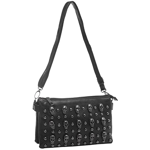 Mg Collection Quina Black Wristlet With Studded Metal Skulls, Small Zippered Versatile Wallet Clutch With Wristlet Strap And Shoulder Strap #TOP5