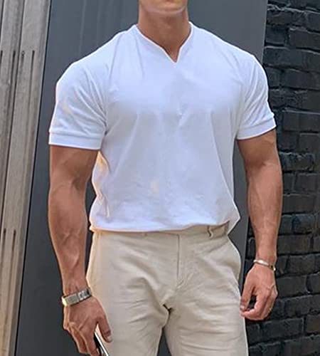 Cylady Men's Undershirt Casual Cotton V Neck Short Sleeves Muscle Slim Fit Tops White #TOP4