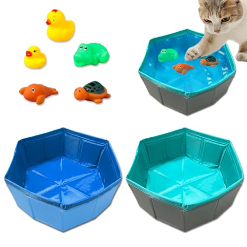 2 Piezas Juguetes para la Piscina del Gato con 5 uds. De Juguetes para Nadar, VEINARDILO Piscina Plegable de PVC para Juegos de Gatos Juguete Interactivo de pez Gato Piscina para Gatos de Interior