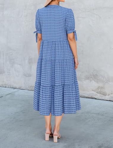 Image of Theenkoln Womens Casual Midi Dress: Short Sleeve V-Neck Empire Waist Gingham Spring Fashion Long Trendy Tiered Formal Dresses
