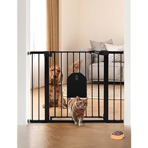 Babelio Auto Close Baby Gate with Cat Door,29-43″ Metal Gate for Doorway,Stairs, House,Easy Walk Thru with Pet Door,Includes 4 Wall Cups and 3 Extension Pieces,Black