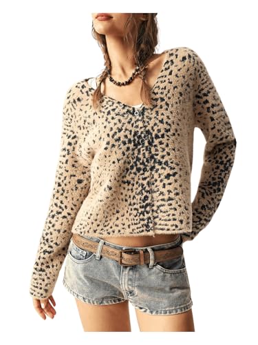 MakeMeChic Women's Leopard Print Button Down Cropped Cardigan Sweaters V Neck Fuzzy Long Sleeve Knit Tops4