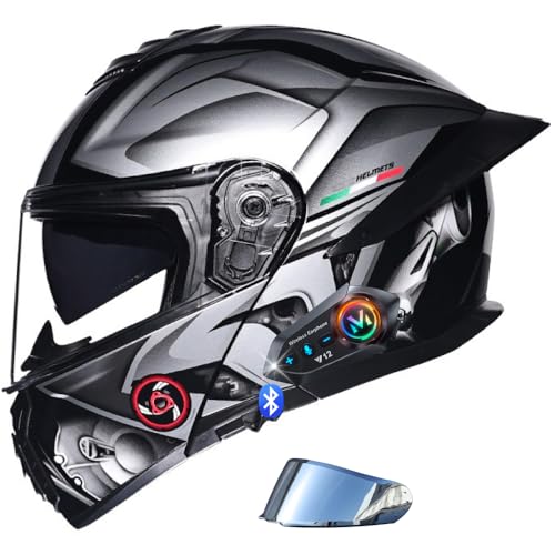 RHBDDHV Bluetooth Modular Motorbike Helmet, ECE Approved Flip Up Full Face Integrated Helmet, Street Bike Racing Helmet, with Anti-Fog Double Visor, for Adults Men Women, M~XXXL