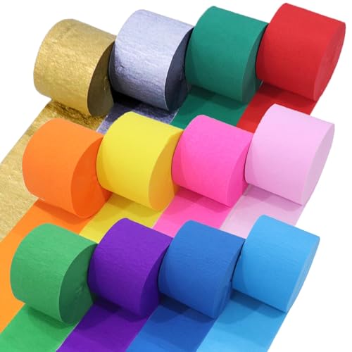 Image of 12 Rainbow Crepe Paper Streamers, 984ft Pack of Party Decorations | Each roll is 82 ft long and 1.8 Inch wide ideal for Birthday Party Decor, Graduation Parties and Baby Showers