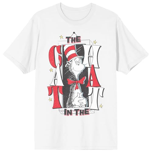 The Cat in The Hat Cat & Stars Adult White Crew Neck Short Sleeve T-Shirt -Large