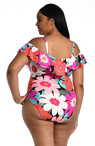 La Blanca Women's Off Shoulder Ruffle One Piece Swimsuit, Multi//In Full Bloom, 14 #TOP1