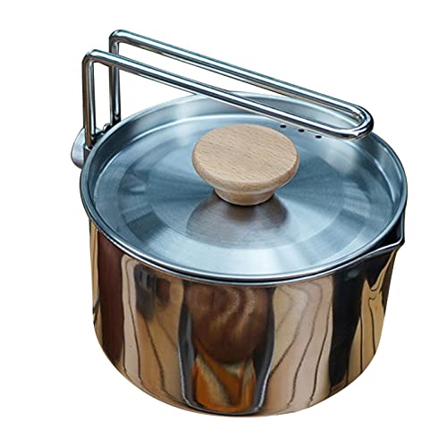 Caldera de camping de acero inoxidable, 1 L, olla portátil para exteriores, fácil de limpiar, mango extendido para estabilidad, doble uso para camping, senderismo, picnics