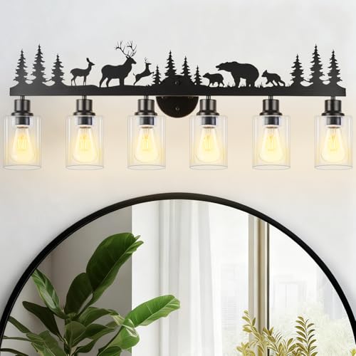 Image of Rustic Bathroom Light Fixtures, 6-Light Farmhouse Vanity Lamp with Deer and Bear Design, Black Wall Lighting with Clear Glass Shade for Bathroom, Hallway, Kitchen, Porch