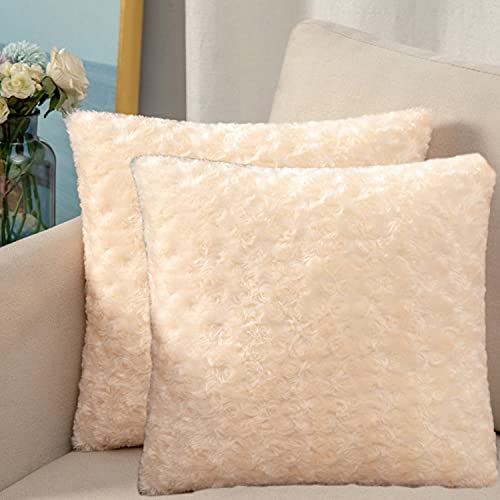 Dricar Housse de Coussin, Lot de 2 Housses Coussins Canapé 45x45cm, Housse Oreiller Decoratif en Fausse Fourrure Ultra Douces avec Motif Floral Rose pour Maison Salon Chambre Canapé (Beige) Cover