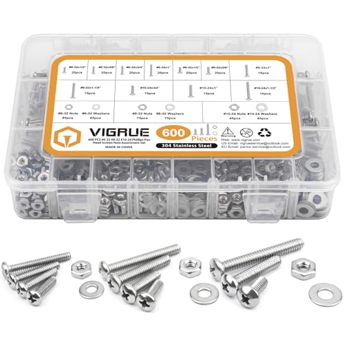 VIGRUE 600PCS #6-32#8-32#10-24 Phillips Pan Head Screws Bolt Nut Flat Washers 304 Stainless Steel Machine Screws Assortment Kit with Screwdriver Bit and Storage Case