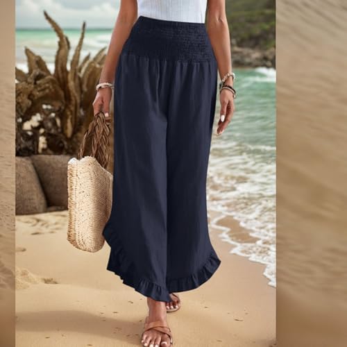 Wide Leg Linen Pants Women Boho High Waisted Ruffle Palazzo Pants Flowy Summer Resort Wear Vacation Beach Trousers3