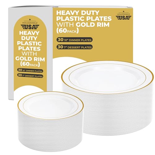 60 White and Gold Plastic Plates for Party - Fancy Disposable Heavy Duty 30 Dinner 10 & 30 Salad Dessert 7 Hard Elegant Plates Set with Gold Trim - Nice Premium Sturdy Rim Plate for Wedding Holiday