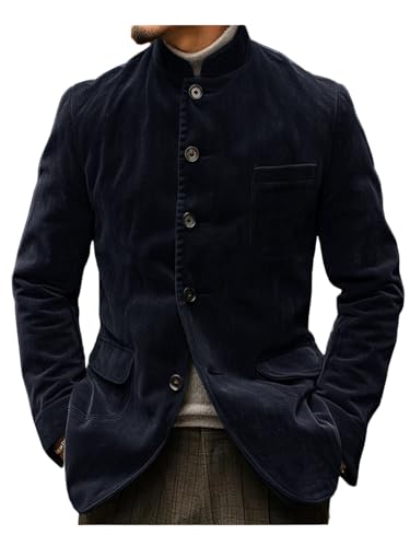 VENNYNG Men's Corduroy Blazer Mandarin Stand Collar Suit Coat Autumn 5 Buttons Casual Jacket Fall Winter wear
